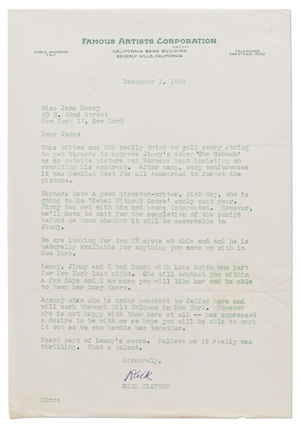 December 1954 Letter from Famous Artists Regarding James Dean in the Upcoming Film, Here Named ''Rebel Without Cause''