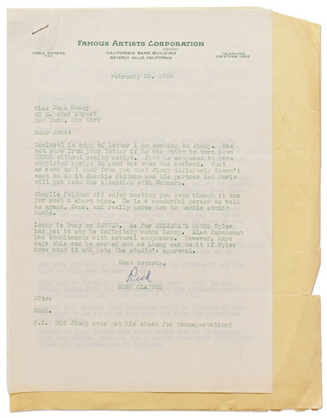 Letters to James Dean & Jane Deacy from Dick Clayton, with Mention of Both EAST OF EDEN & REBEL and Reference to Giant -- …if he was going to turn down REBEL without seeing script…
