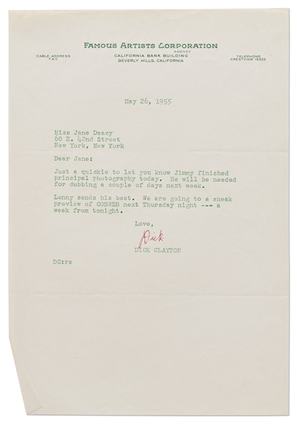 Letter from Dick Clayton to Jane Deacy on the Day that ''Rebel Without a Cause'' Wrapped -- ''...Jimmy finished principal photography today. He will be needed for dubbing a couple of days...''