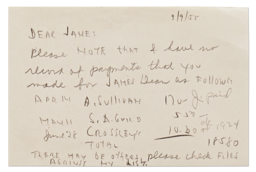 Handwritten Note to Jane Deacy from September 1955 Regarding Money Owed to James Dean