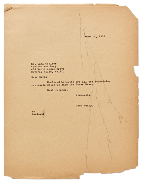 Letter from Jane Deacy After James Dean's Death Regarding Dean's Television Contracts