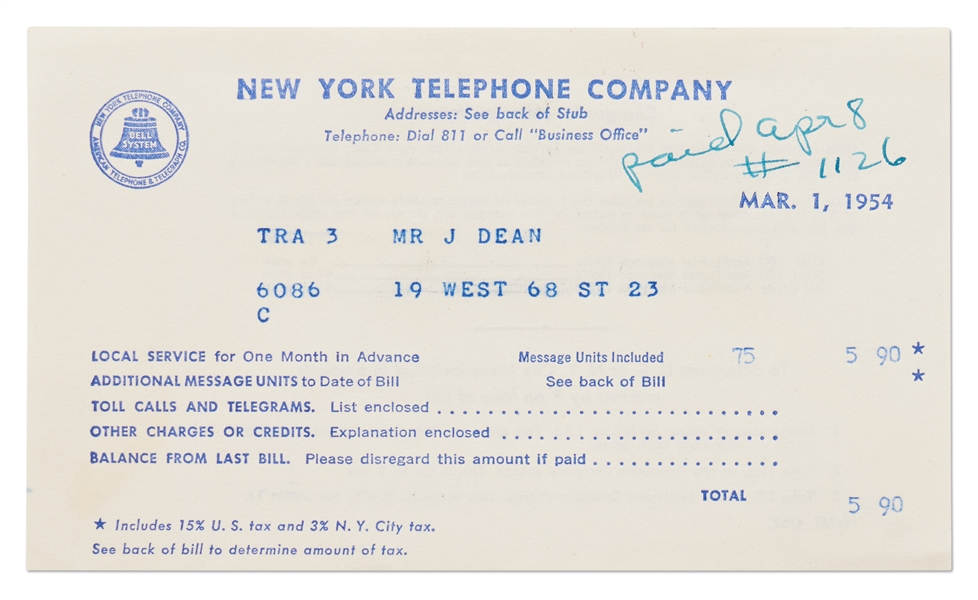 Bill to James Dean from New York Telephone