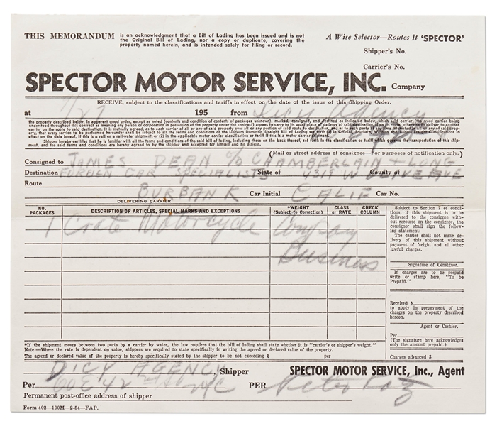 Receipt to Ship James Dean's Motorcycle from New York to Los Angeles