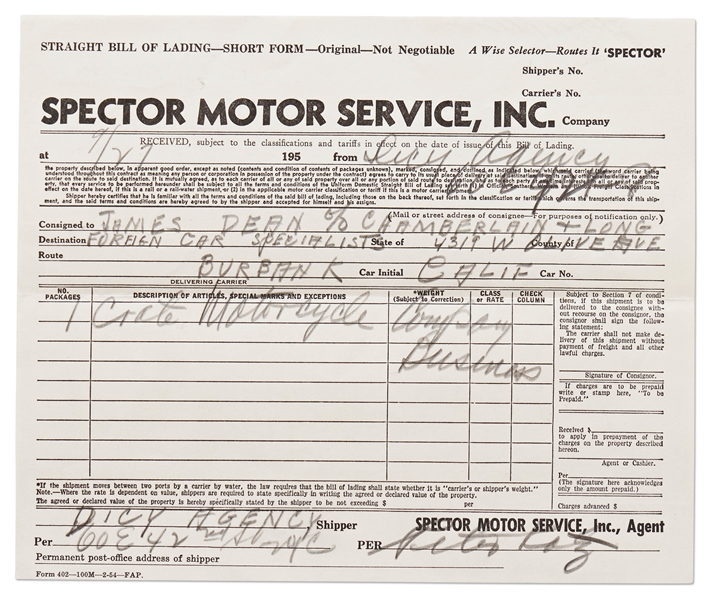 Bill of Lading to Ship James Dean's Motorcycle from New York to Los Angeles