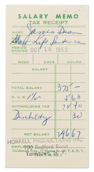 James Dean's Tax Receipt for a TV Performance in 1953