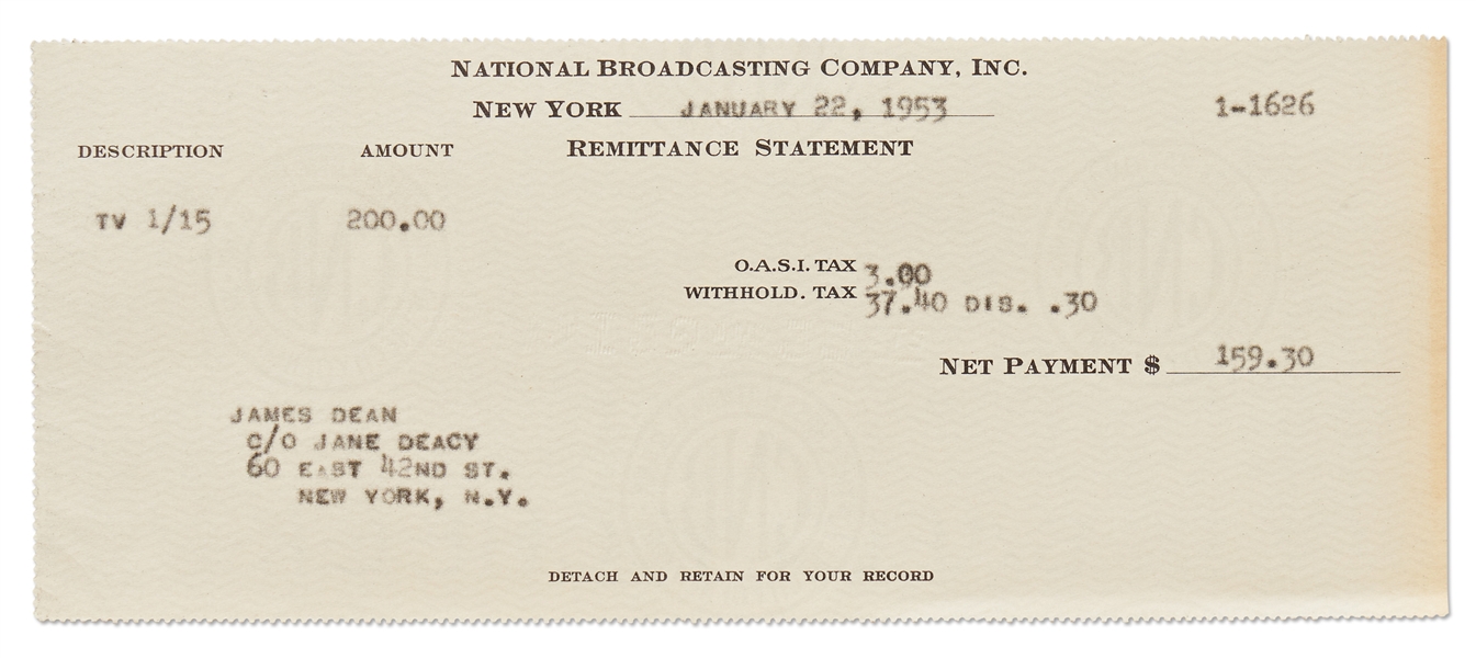 NBC Paystub from January 1953 to James Dean for His Performance in the TV Episode ''The Hound of Heaven''