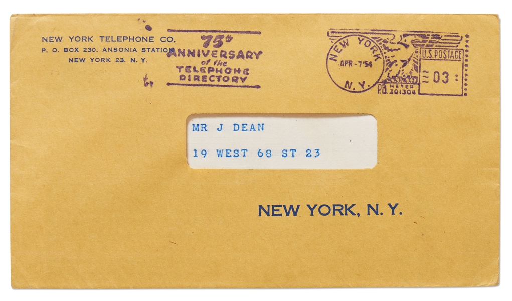 Unopened Bill to James Dean from New York Telephone