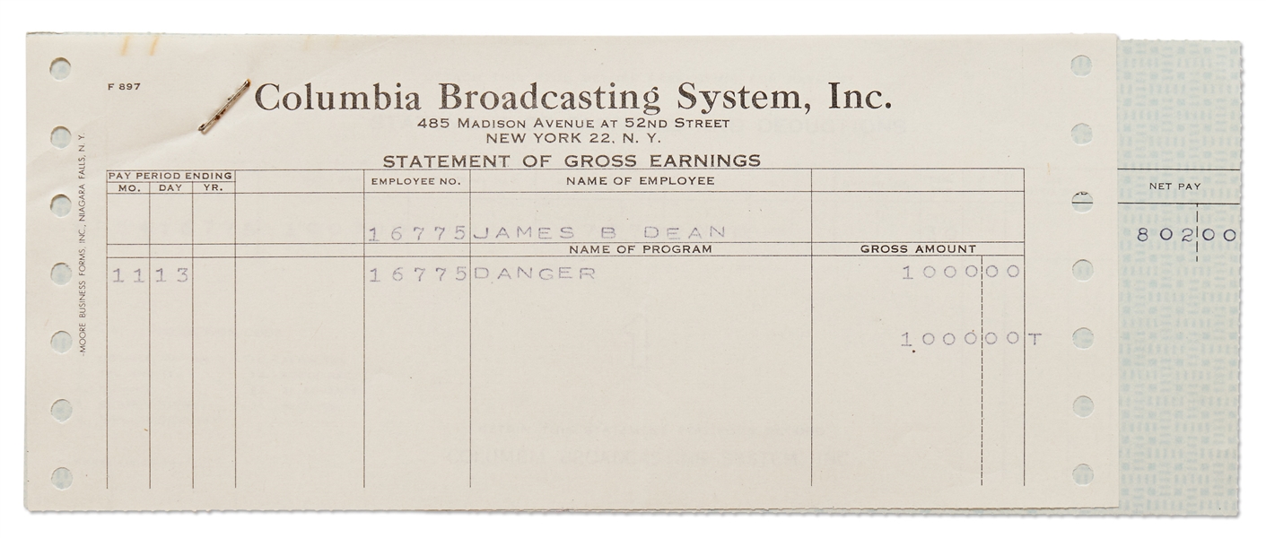 James Dean's Paycheck Stub from CBS for Filming ''Danger'' in 1953