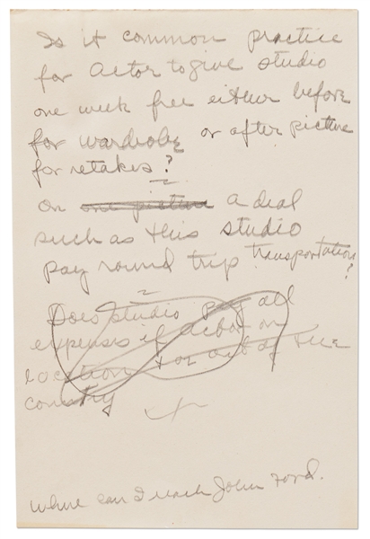 Jane Deacy's Handwritten Notes on the James Dean's Multi-Film Contract with Warner Bros. -- Includes Notes about ''East of Eden'', Script Approval, Etc. & Questions About the Deal