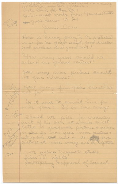 Jane Deacy's Extensive Handwritten Notes Regarding Her Renegotiated Deal with Warner Bros. for James Dean's Contract -- From April-May 1955 After Dean's Breakout Stardom in ''East of Eden''