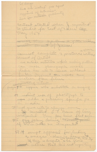 Jane Deacy's Extensive Handwritten Notes Regarding Her Renegotiated Deal with Warner Bros. for James Dean's Contract -- From April-May 1955 After Dean's Breakout Stardom in ''East of Eden''