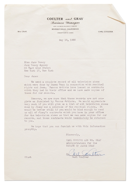 Letter from 1956 to Jane Deacy from Coulter and Gray, James Dean's Business Managers