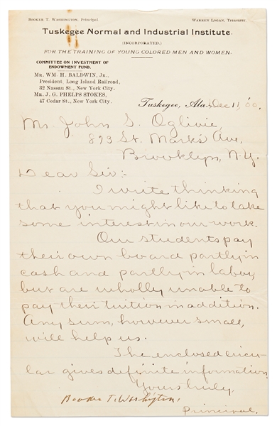Booker T. Washington Letter Signed as Principal of The Tuskegee Institute