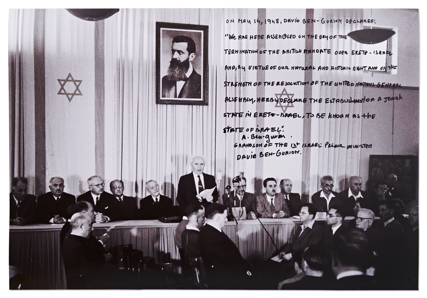 Large 20'' x 16'' Photo of the Signing of the Israeli Declaration of Independence, with Handwritten Excerpt from the Grandson of David Ben-Gurion