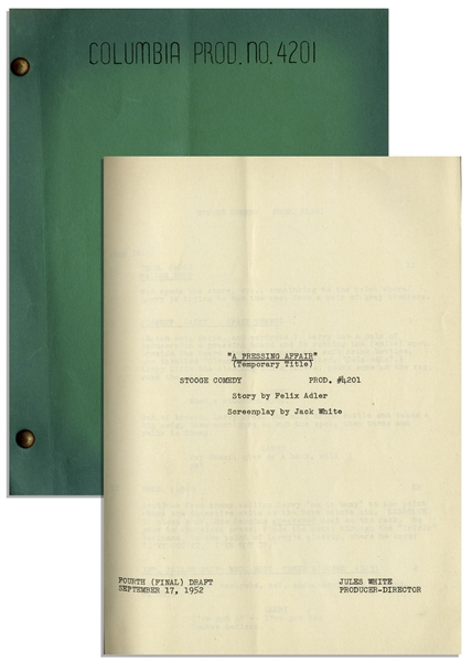 Moe Howard's Script for the 1952 Three Stooges Film ''Rip, Sew and Stitch'' -- With Annotations in Moe's Hand Including His Signature