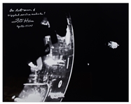 Dramatic 20 x 16 Photo Signed by Fred Haise, Showing the Apollo 13 Damaged Service Module & Our lost moon in the Far Distance