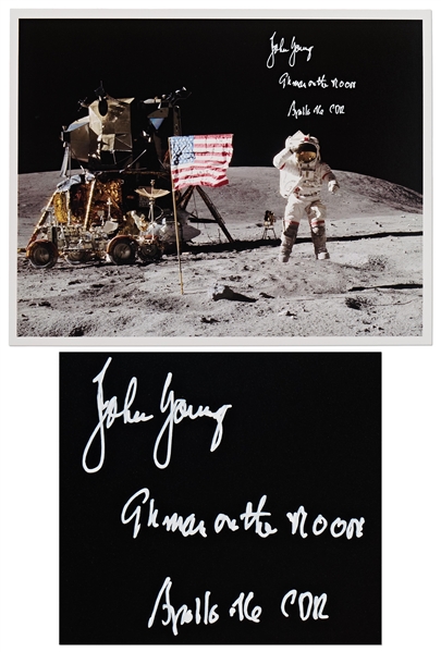 John Young Signed Photo of Him Jumping on the Moon Next to the U.S. Flag