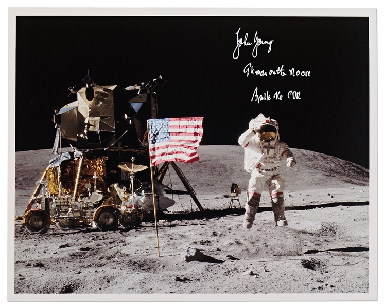 John Young Signed Photo of Him Jumping on the Moon Next to the U.S. Flag