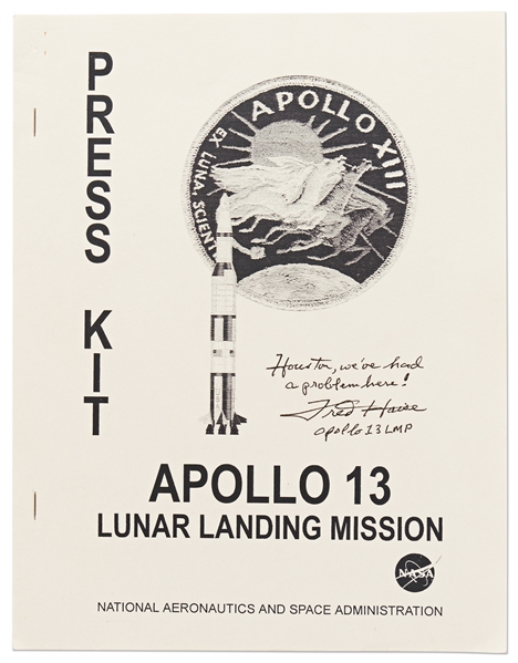 Fred Haise Signed Apollo 13 Press Kit, Adding the Famous Quote from the Mission: ''Houston, we've had a problem here!''