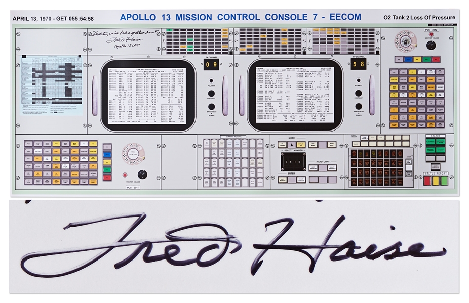 Fred Haise Signed Apollo 13 Mission Control Console Print with His Handwritten Quote from the Mission -- Measures 14'' x 34''