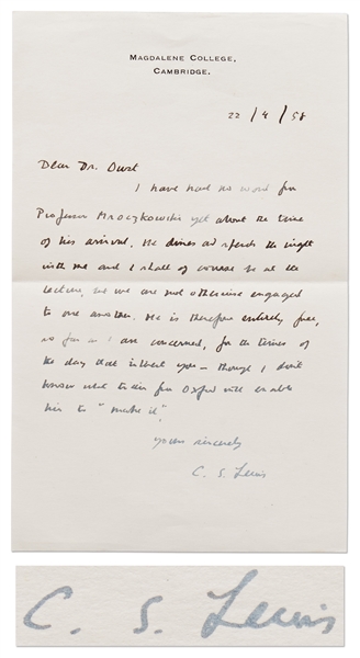 C.S. Lewis Autograph Letter Signed from 1958 Shortly After Publication of ''The Chronicles of Narnia''