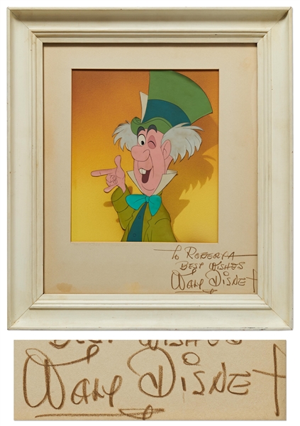 Walt Disney Signed Mat Housing an ''Alice in Wonderland'' Screen-Used Cel of the Mad Hatter -- With Phil Sears COA