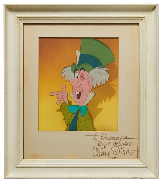 Walt Disney Signed Mat Housing an ''Alice in Wonderland'' Screen-Used Cel of the Mad Hatter -- With Phil Sears COA