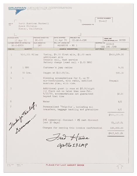 Fred Haise Signed Copy of the Infamous Grumman ''Towing Invoice'' for Apollo 13
