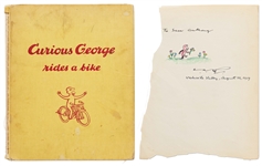 H.A. Rey Signed First Edition of Curious George Rides a Bike with Rey Also Drawing an Illustration of the Curious Monkey
