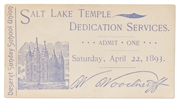 Ticket to the Salt Lake Temple Dedication Services -- Dated 22 April 1893