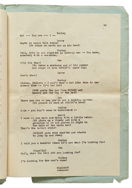 Moe Howard's Personally Owned ''HATS'' Script, Circa 1933 -- Similar to the ''New Hat'' Scene with Ted Healy