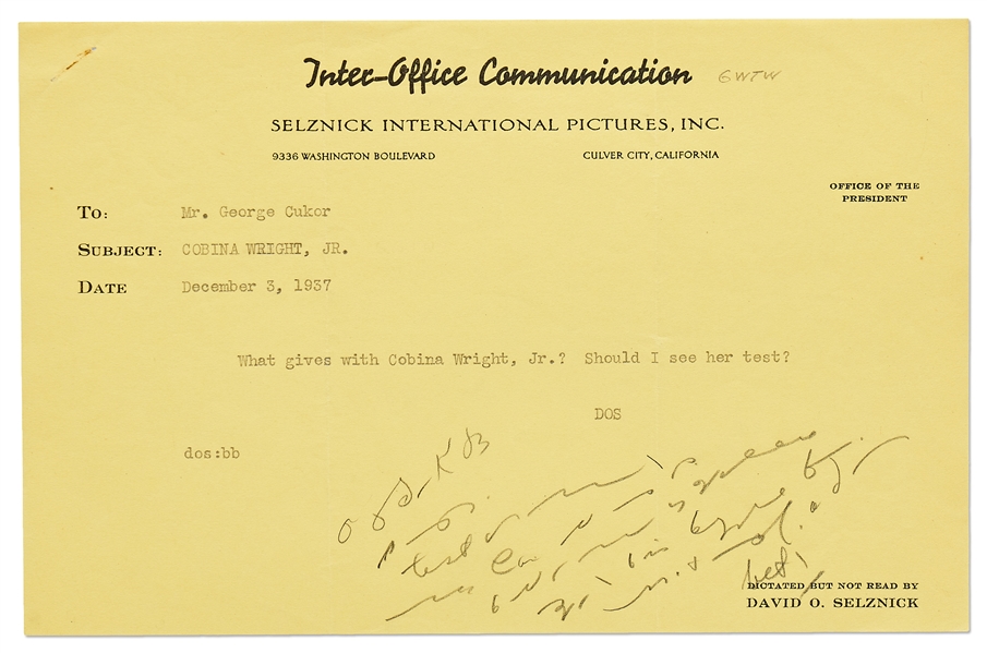 ''Gone With the Wind'' Memo From David O. Selznick to Director George Cukor, Likely Regarding Casting for the Role of Scarlett -- ''What gives with Cobina Wright, Jr.? Should I see her test?''