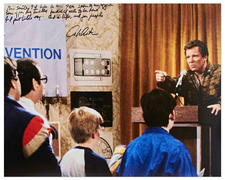 William Shatner Signed 16'' x 20'' Photo from His Famous ''Saturday Night Live'' Skit -- With Shatner Handwriting His ''Get a Life'' Lines