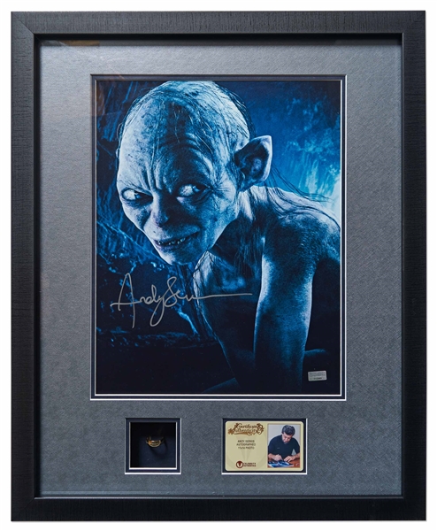 Andy Serkis Signed 11'' x 14'' Photo as Gollum from ''Lord of the Rings'' -- Framed with a Replica of the One Ring