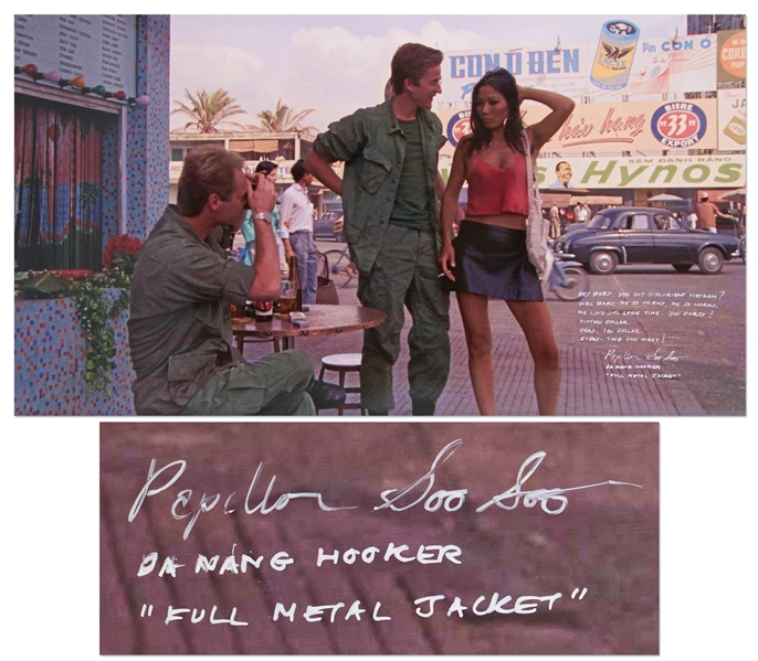 Iconic ''Full Metal Jacket'' Da Nang Hooker Scene 30'' x 16.5'' Photo with Actress Papillion Soo Soo Handwriting Most of Her Infamous Lines -- ''Me So Horny, Me Love You Long Time''
