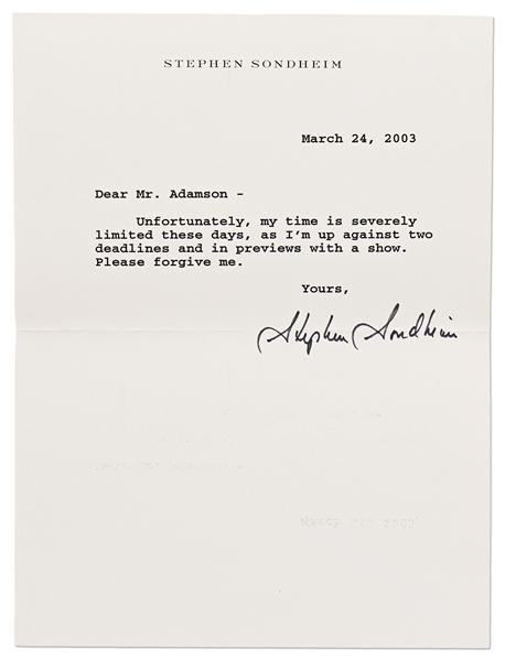 Stephen Sondheim Letter Signed -- ''…I'm up against two deadlines and in previews with a show…''