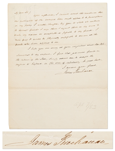 James Buchanan Autograph Letter Signed -- ...Judicious friends...advise me to accept the mission to England...