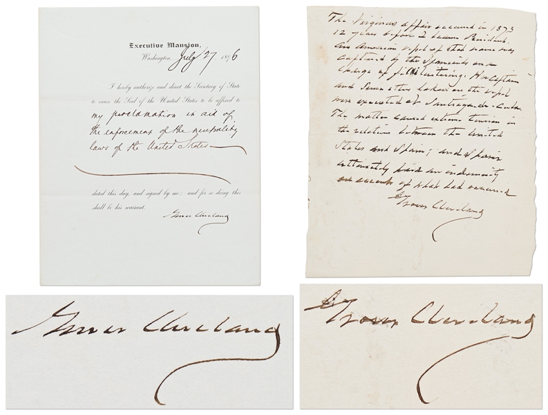 Grover Cleveland Lot Regarding the Spanish-American War -- Cleveland Signs an Executive Order in 1896 Establishing U.S. Neutrality & Also Reflects on the Virginius Affair in a Handwritten Statement