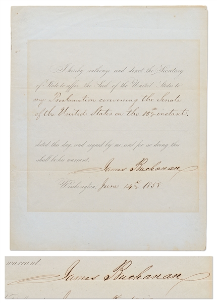 James Buchanan Warrant Signed as President, Calling the Senate Into a Special Session to Debate the Kansas Question