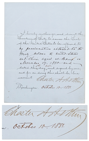 Chester Arthur Warrant Signed as President, Regarding the Treaty with China to Limit Chinese Immigration
