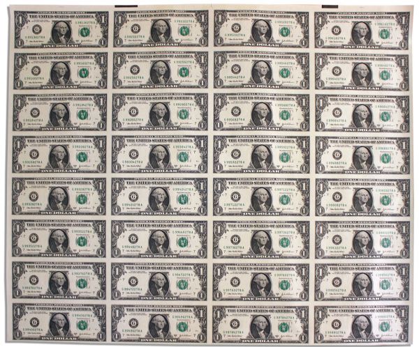 Uncut Sheet of 32 $1 Federal Reserve Notes -- Series 2003-A, Chicago -- Near Fine
