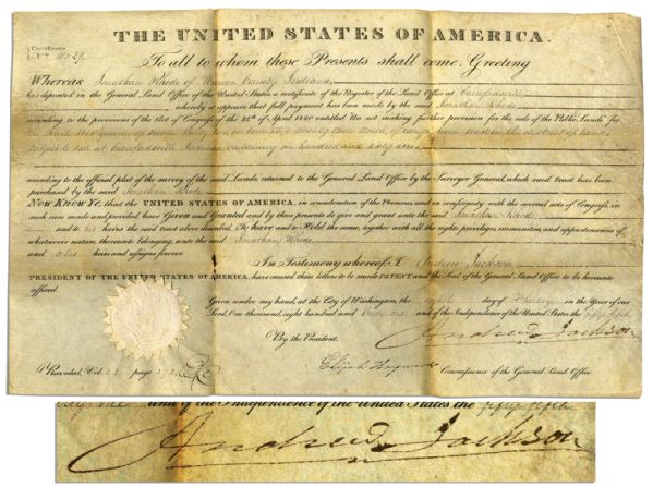 Andrew Jackson Indiana Land Grant Signed as President