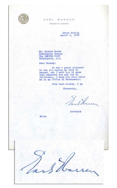 Earl Warren Typed Letter Signed as California Governor