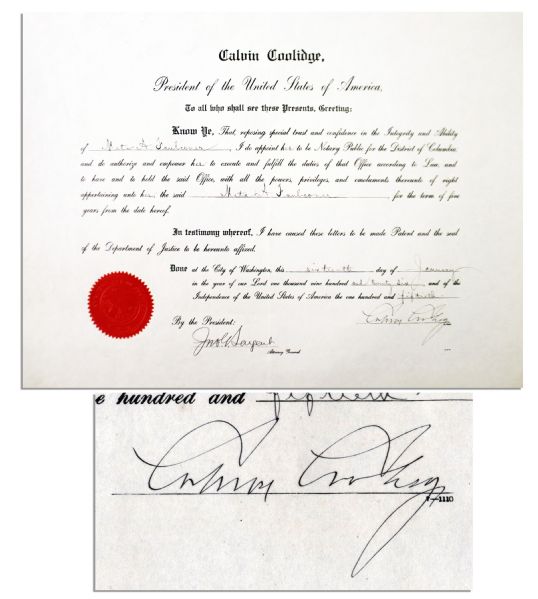 Calvin Coolidge Document Signed -- Appoints a Woman Notary in 1926
