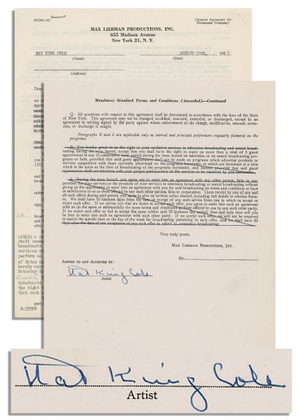 Nat King Cole Signed Contract for Multiple TV Appearances -- Excellent Signature