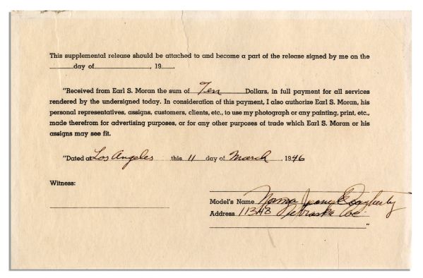 1946 Document Signed by Marilyn Monroe as ''Norma Jean Dougherty'' -- Dougherty Models for Earl Moran One Year Before She Becomes ''Marilyn''