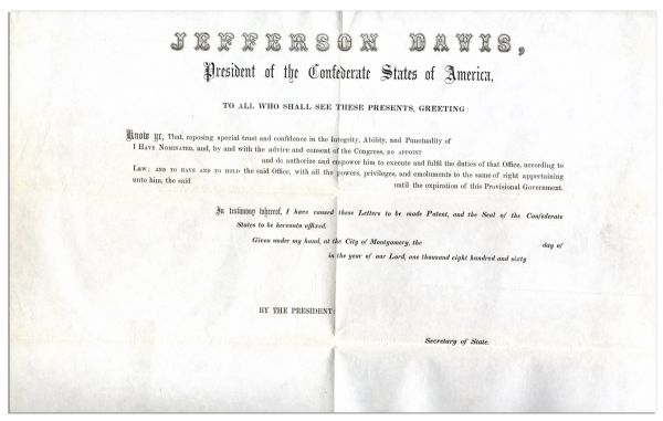 Official Jefferson Davis Confederate Document