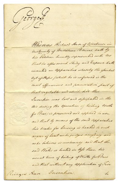 King George III Signed Beer-Making Patent -- 1791