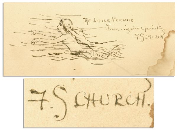 Original Ink Sketch of ''The Little Mermaid'' Hand-Drawn & Signed by Frederick S. Church -- Sketched From a Painting