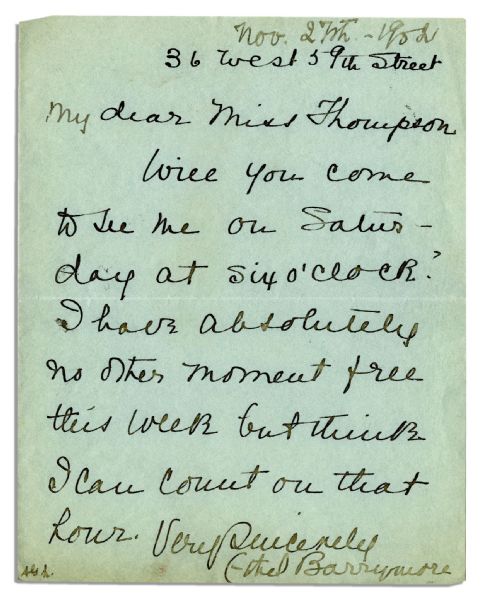 Oscar Winning Actress Ethel Barrymore Autograph Letter Signed -- 1902